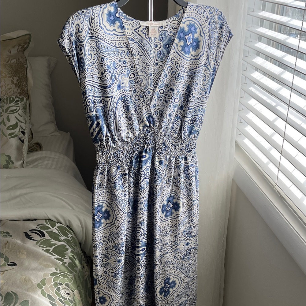 Blue Paisley V-Neck Dress with Empire Waist